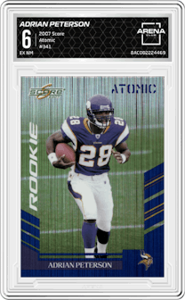 Adrian Peterson from the 2007 Score set featuring a Atomic parallel graded by Arena Club and given an overall grade of 6.