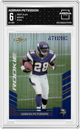 Adrian Peterson from the 2007 Score set featuring a Atomic parallel graded by Arena Club and given an overall grade of 6.
