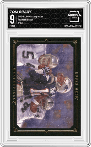 Tom Brady from the 2008 Upper Deck Masterpieces set featuring a Framed Black parallel graded by Arena Club and given an overall grade of 9.