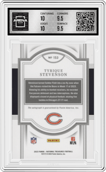 Tyrique Stevenson from the 2023 Panini National Treasures set featuring a Gold parallel graded by Arena Club and given an overall grade of 10.