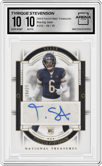 Tyrique Stevenson from the 2023 Panini National Treasures set featuring a Gold parallel graded by Arena Club and given an overall grade of 10.