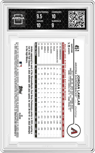 Jordan Lawlar from the 2024 Topps Chrome Sapphire set featuring a Gold  parallel graded by Arena Club and given an overall grade of 9.5.