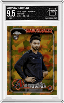 Jordan Lawlar from the 2024 Topps Chrome Sapphire set featuring a Gold  parallel graded by Arena Club and given an overall grade of 9.5.
