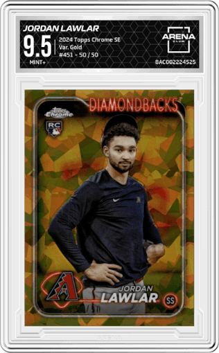 Jordan Lawlar from the 2024 Topps Chrome Sapphire set featuring a Gold  parallel graded by Arena Club and given an overall grade of 9.5.