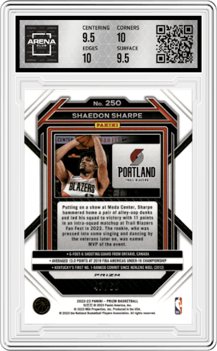 Shaedon Sharpe from the 2022-23 Panini Prizm  set featuring a Orange Wave parallel graded by Arena Club and given an overall grade of 10.