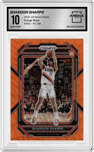 Shaedon Sharpe from the 2022-23 Panini Prizm  set featuring a Orange Wave parallel graded by Arena Club and given an overall grade of 10.