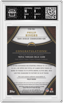 Philip Rivers from the 2015 Topps Triple Threads set featuring a Onyx Patch parallel graded by Arena Club and given an overall grade of 8.5.