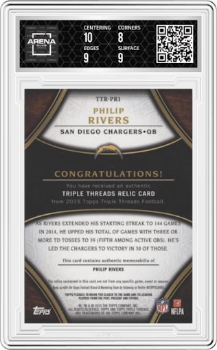 Philip Rivers from the 2015 Topps Triple Threads set featuring a Onyx Patch parallel graded by Arena Club and given an overall grade of 8.5.
