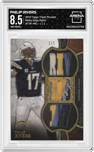 Philip Rivers from the 2015 Topps Triple Threads set featuring a Onyx Patch parallel graded by Arena Club and given an overall grade of 8.5.