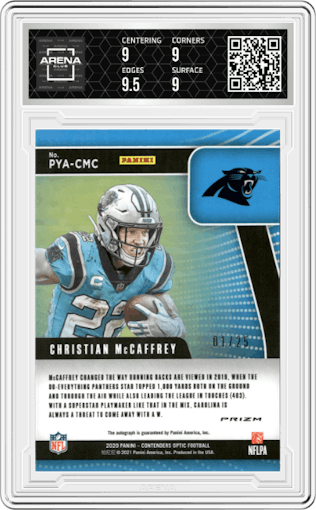 Christian McCaffrey from the 2020 Panini Contenders Optic set graded by Arena Club and given an overall grade of 9.5.