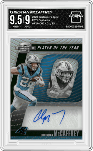 Christian McCaffrey from the 2020 Panini Contenders Optic set graded by Arena Club and given an overall grade of 9.5.