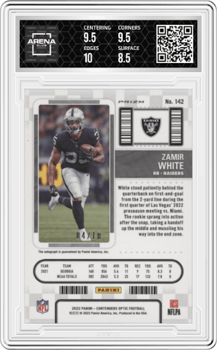 Zamir White from the 2022 Panini Contenders Optic set featuring a Gold parallel graded by Arena Club and given an overall grade of 9.