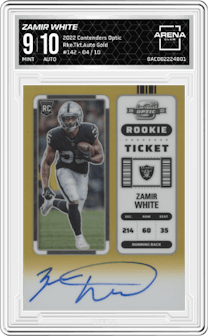 Zamir White from the 2022 Panini Contenders Optic set featuring a Gold parallel graded by Arena Club and given an overall grade of 9.