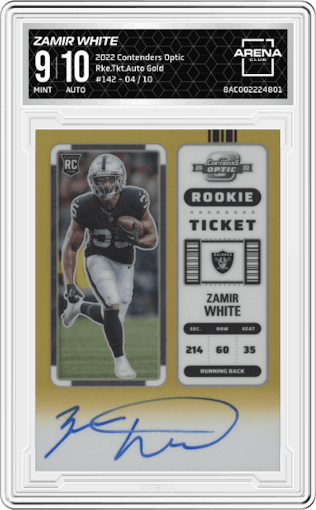 Zamir White from the 2022 Panini Contenders Optic set featuring a Gold parallel graded by Arena Club and given an overall grade of 9.