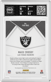 Maxx Crosby from the 2022 Panini Chronicles set featuring a Green  parallel graded by Arena Club and given an overall grade of 9.5.