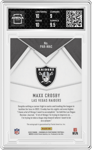 Maxx Crosby from the 2022 Panini Chronicles set featuring a Green  parallel graded by Arena Club and given an overall grade of 9.5.