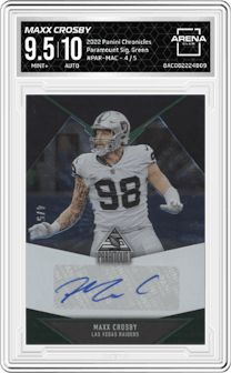 Maxx Crosby from the 2022 Panini Chronicles set featuring a Green  parallel graded by Arena Club and given an overall grade of 9.5.