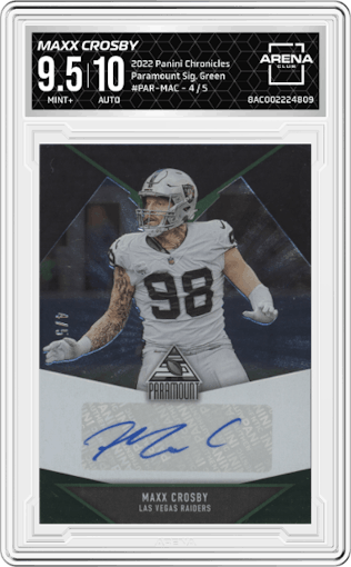 Maxx Crosby from the 2022 Panini Chronicles set featuring a Green  parallel graded by Arena Club and given an overall grade of 9.5.