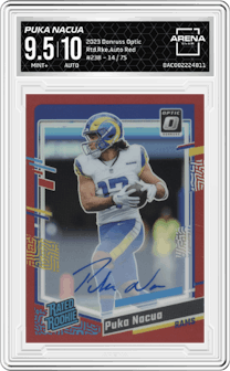 Puka Nacua from the 2023 Donruss Optic set featuring a Red parallel graded by Arena Club and given an overall grade of 9.5.