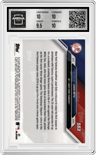 Juan Soto from the 2024 Topps Now set graded by Arena Club and given an overall grade of 10.