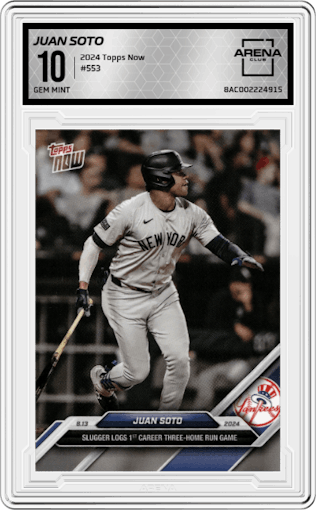 Juan Soto from the 2024 Topps Now set graded by Arena Club and given an overall grade of 10.