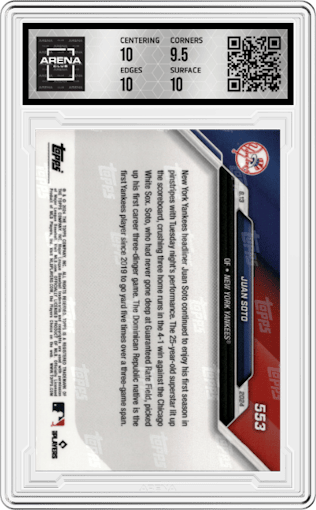 Juan Soto from the 2024 Topps Now set graded by Arena Club and given an overall grade of 10.