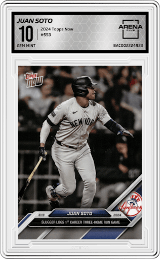 Juan Soto from the 2024 Topps Now set graded by Arena Club and given an overall grade of 10.