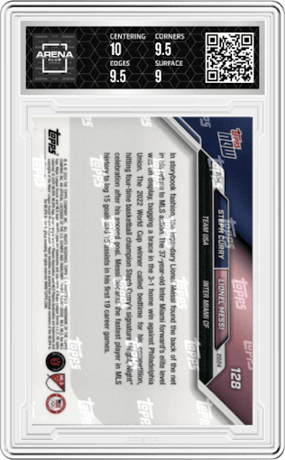 Steph Curry/Lionel Messi from the 2024 Topps Now MLS set graded by Arena Club and given an overall grade of 9.5.