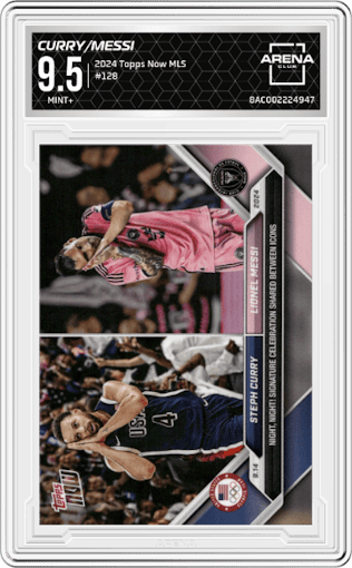 Steph Curry/Lionel Messi from the 2024 Topps Now MLS set graded by Arena Club and given an overall grade of 9.5.