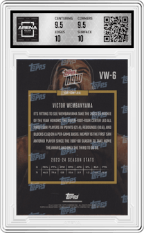 Victor Wembanyama from the 2023-24 Topps Now set graded by Arena Club and given an overall grade of 10.