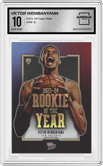 Victor Wembanyama from the 2023-24 Topps Now set graded by Arena Club and given an overall grade of 10.