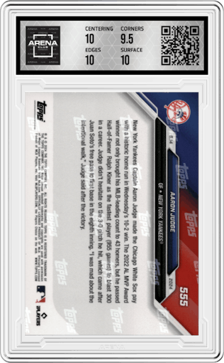Aaron Judge from the 2024 Topps Now set graded by Arena Club and given an overall grade of 10.