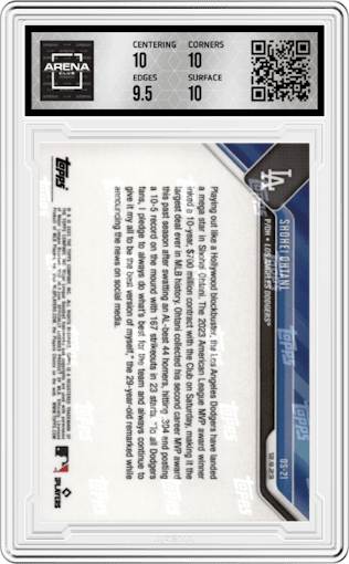 Shohei Ohtani from the 2023-24 Topps Now Off-Season set graded by Arena Club and given an overall grade of 10.