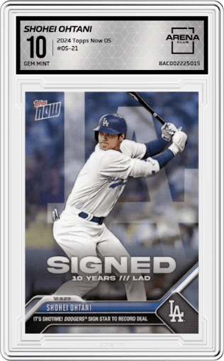 Shohei Ohtani from the 2023-24 Topps Now Off-Season set graded by Arena Club and given an overall grade of 10.