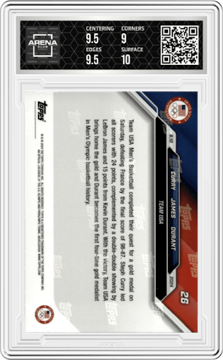 Stephen Curry/LeBron James/Kevin Durant from the 2024 Topps Now Olympics set graded by Arena Club and given an overall grade of 9.5.