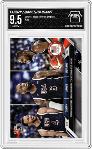 Stephen Curry/LeBron James/Kevin Durant from the 2024 Topps Now Olympics set graded by Arena Club and given an overall grade of 9.5.