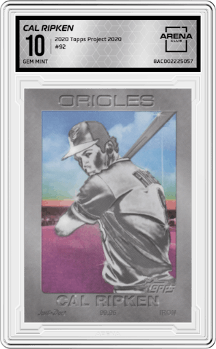 Cal Ripken from the 2020 Topps Project 2020  set graded by Arena Club and given an overall grade of 10.