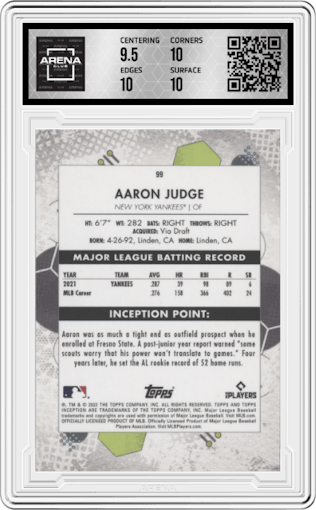 Aaron Judge from the 2022 Topps Inception set graded by Arena Club and given an overall grade of 10.