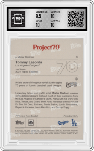 Tommy Lasorda from the 2021 Topps Project70 set graded by Arena Club and given an overall grade of 10.