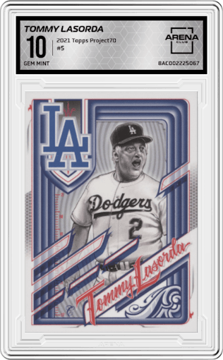 Tommy Lasorda from the 2021 Topps Project70 set graded by Arena Club and given an overall grade of 10.