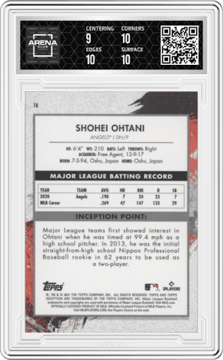 Shohei Ohtani from the 2021 Topps Inception set graded by Arena Club and given an overall grade of 9.5.