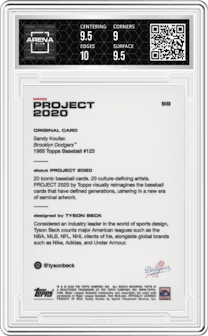 Sandy Koufax from the 2020 Topps Project 2020  set graded by Arena Club and given an overall grade of 9.5.