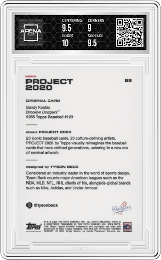 Sandy Koufax from the 2020 Topps Project 2020  set graded by Arena Club and given an overall grade of 9.5.