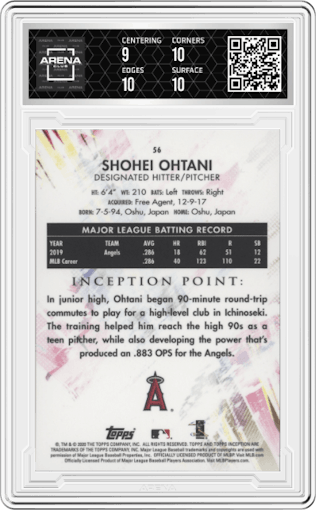 Shohei Ohtani from the 2020 Topps Inception set graded by Arena Club and given an overall grade of 9.5.