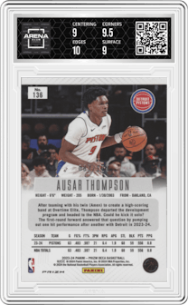 Ausar Thompson from the 2023-24 Panini Prizm Deca set featuring a Red Prizm parallel graded by Arena Club and given an overall grade of 9.5.