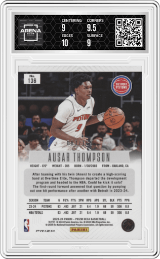 Ausar Thompson from the 2023-24 Panini Prizm Deca set featuring a Red Prizm parallel graded by Arena Club and given an overall grade of 9.5.