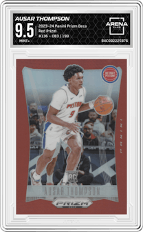 Ausar Thompson from the 2023-24 Panini Prizm Deca set featuring a Red Prizm parallel graded by Arena Club and given an overall grade of 9.5.