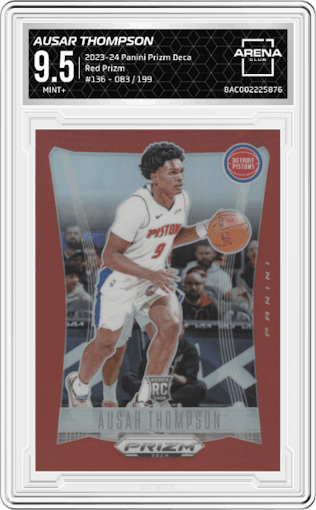 Ausar Thompson from the 2023-24 Panini Prizm Deca set featuring a Red Prizm parallel graded by Arena Club and given an overall grade of 9.5.
