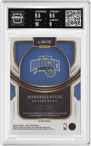 Markelle Fultz from the 2023-24 Panini Select  set featuring a Tie-Dye parallel graded by Arena Club and given an overall grade of 9.5.