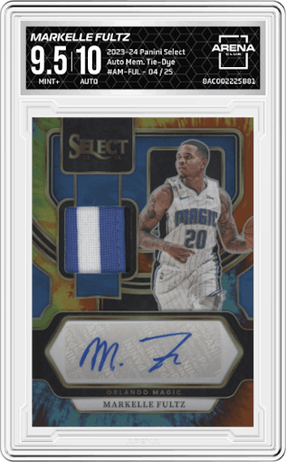 Markelle Fultz from the 2023-24 Panini Select  set featuring a Tie-Dye parallel graded by Arena Club and given an overall grade of 9.5.